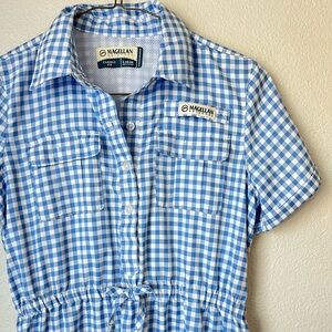 Girls Blue Gigham Cottagecore Magellan dress.